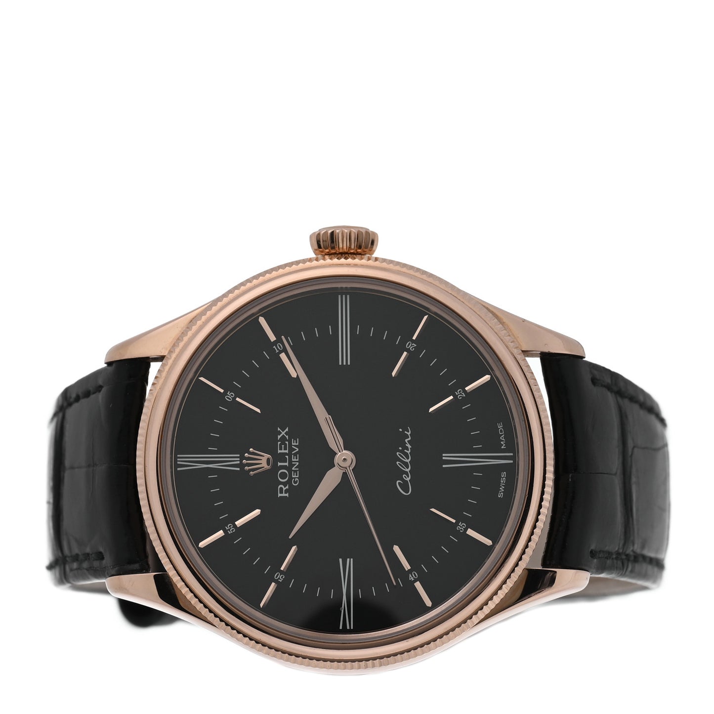 18K Everose Gold Alligator 39mm Cellini Watch Black 50505