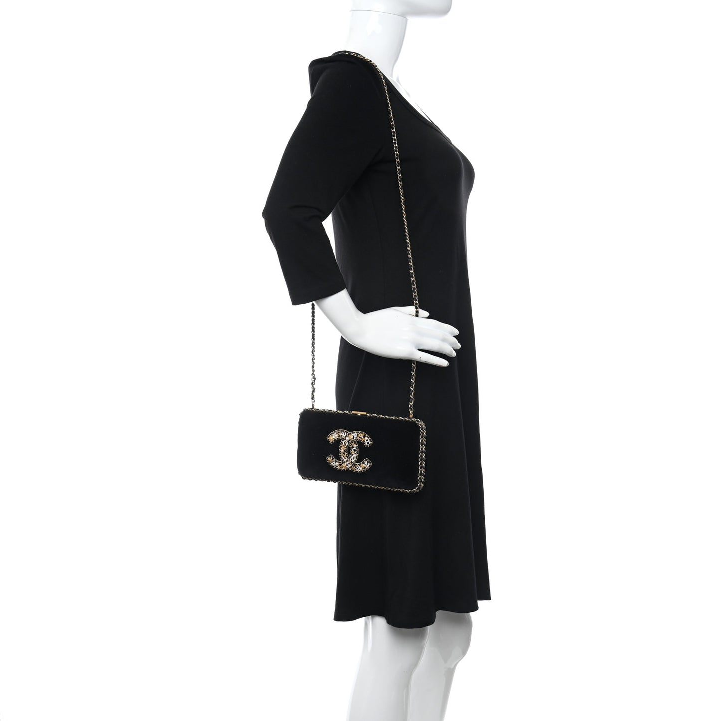 Velvet Pearl Crystal Sergeant Chain Around Evening Clutch Black Gold
