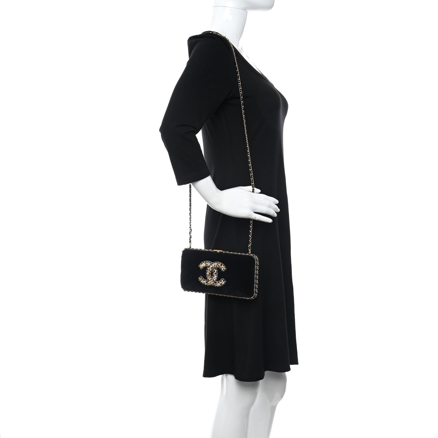 Chanel Velvet Pearl Crystal Sergeant Chain Around Evening Clutch Black Gold 2 of 10