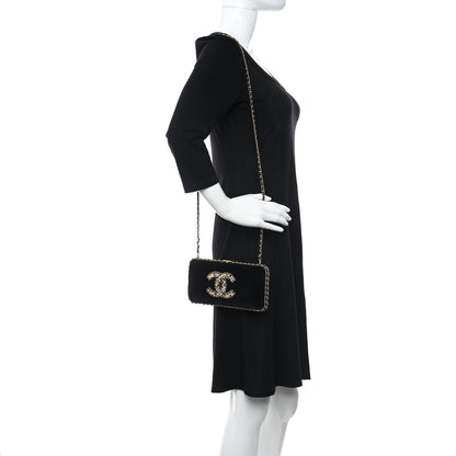 Chanel Velvet Pearl Crystal Sergeant Chain Around Evening Clutch Black Gold 2 of 10