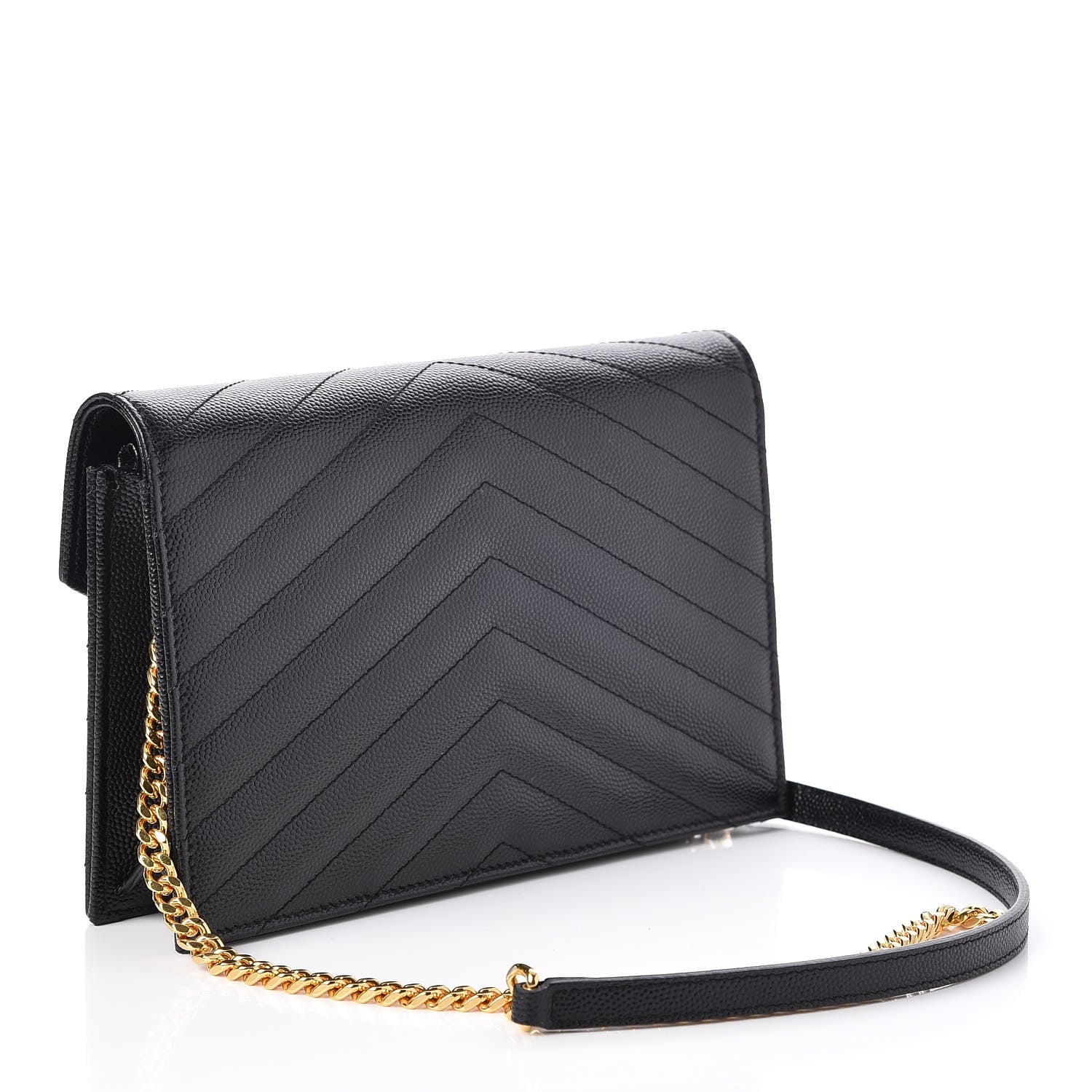 Saint Laurent Grain De Poudre Matelasse Chevron Monogram Envelope Chain Wallet Black 3 of 8