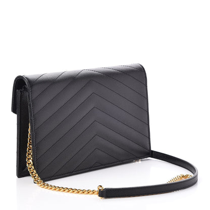 Saint Laurent Grain De Poudre Matelasse Chevron Monogram Envelope Chain Wallet Black 3 of 8