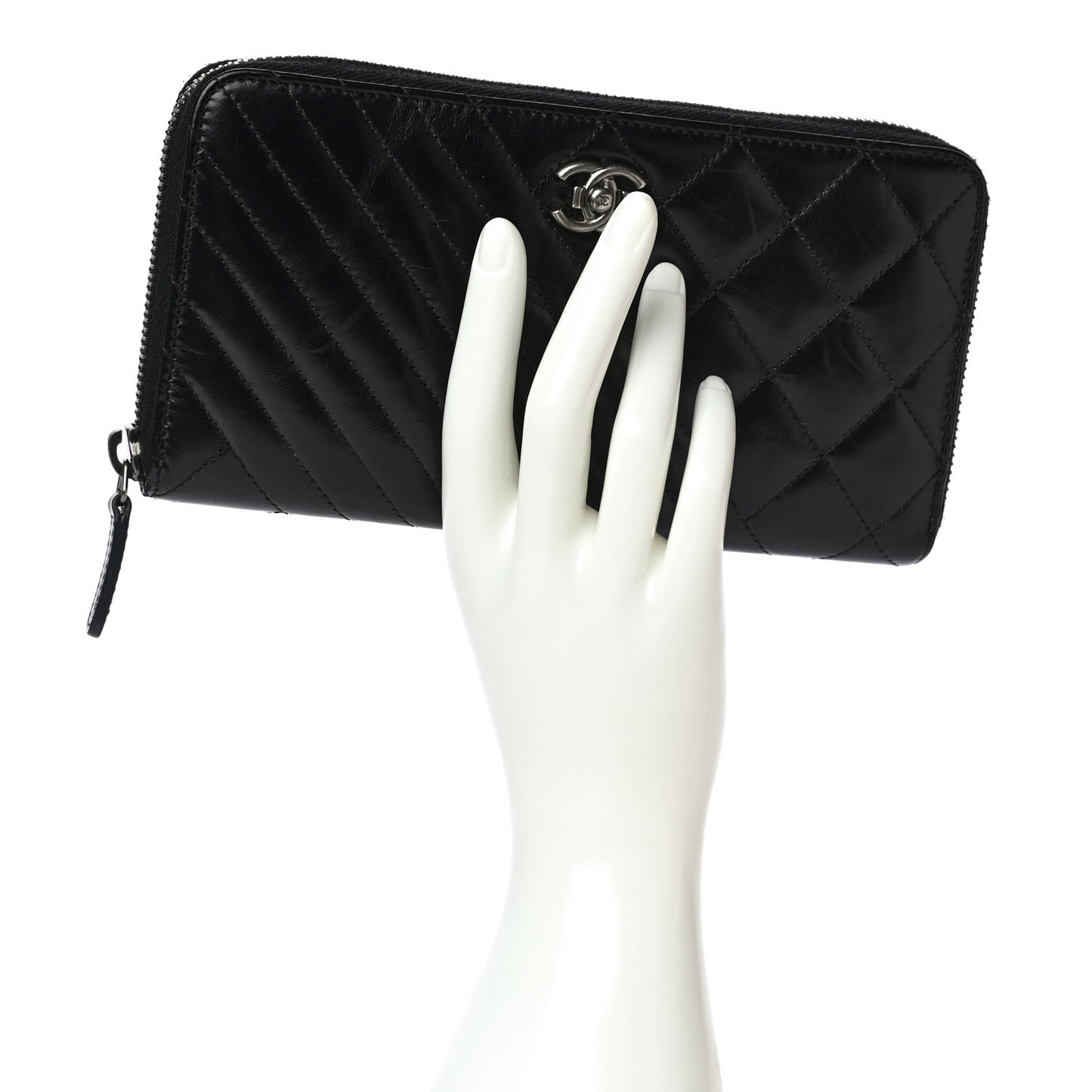 Glazed Calfskin Quilted Small Coco Boy Zip Around Wallet Black