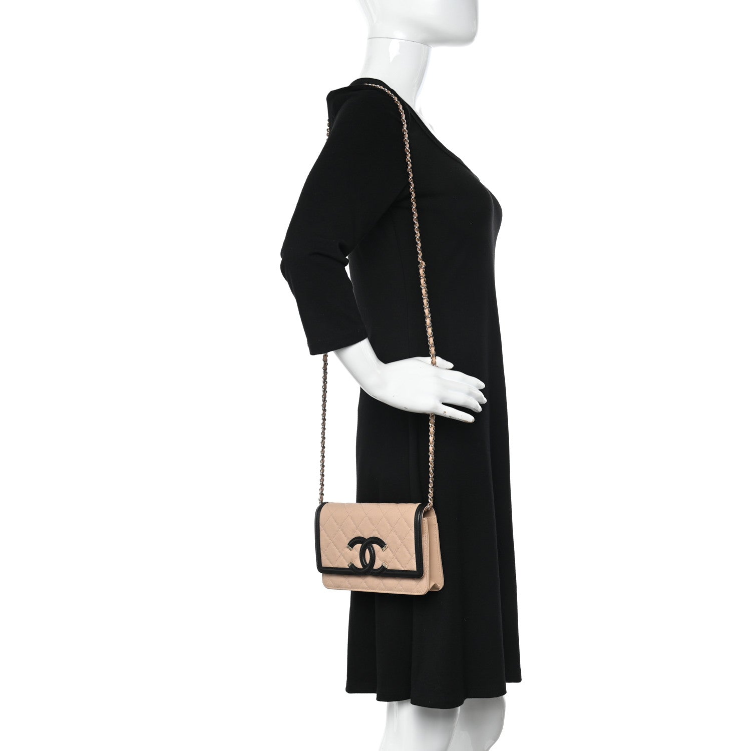 Chanel Caviar Quilted CC Filigree Wallet On Chain WOC Beige Black 2 of 12
