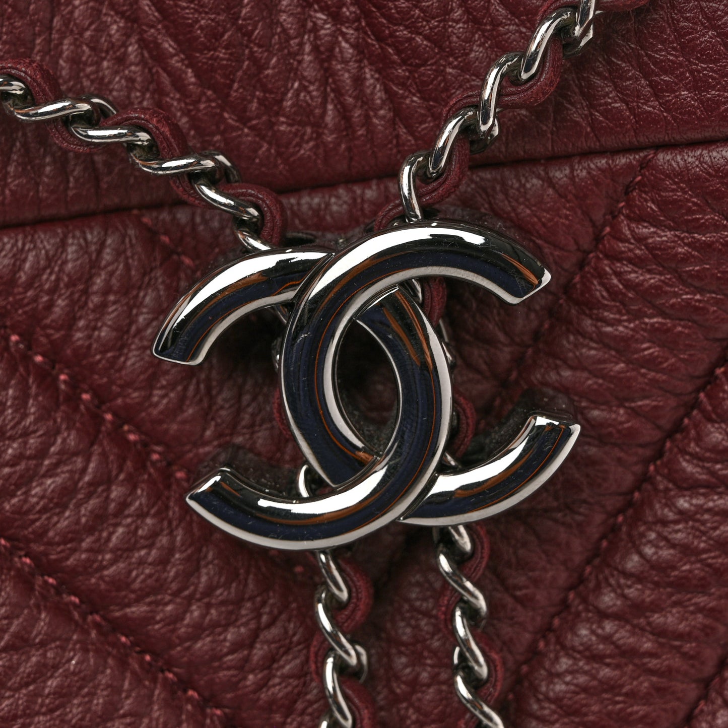 Deerskin Chevron Medium CC Chain Bucket Drawstring Bag Burgundy
