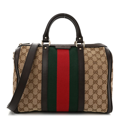 Gucci Monogram Selleria Calfskin Vintage Web Medium Boston Beige Ebony Cocoa 1 of 10
