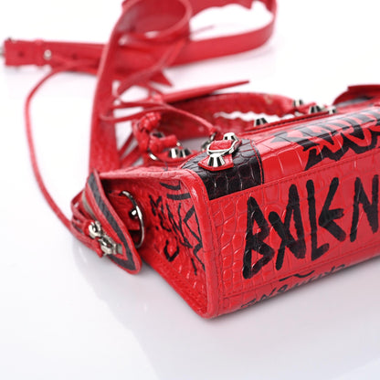 Balenciaga Calfskin Crocodile Embossed Graffiti Classic Hardware Mini City Bright Red Black 5 of 8