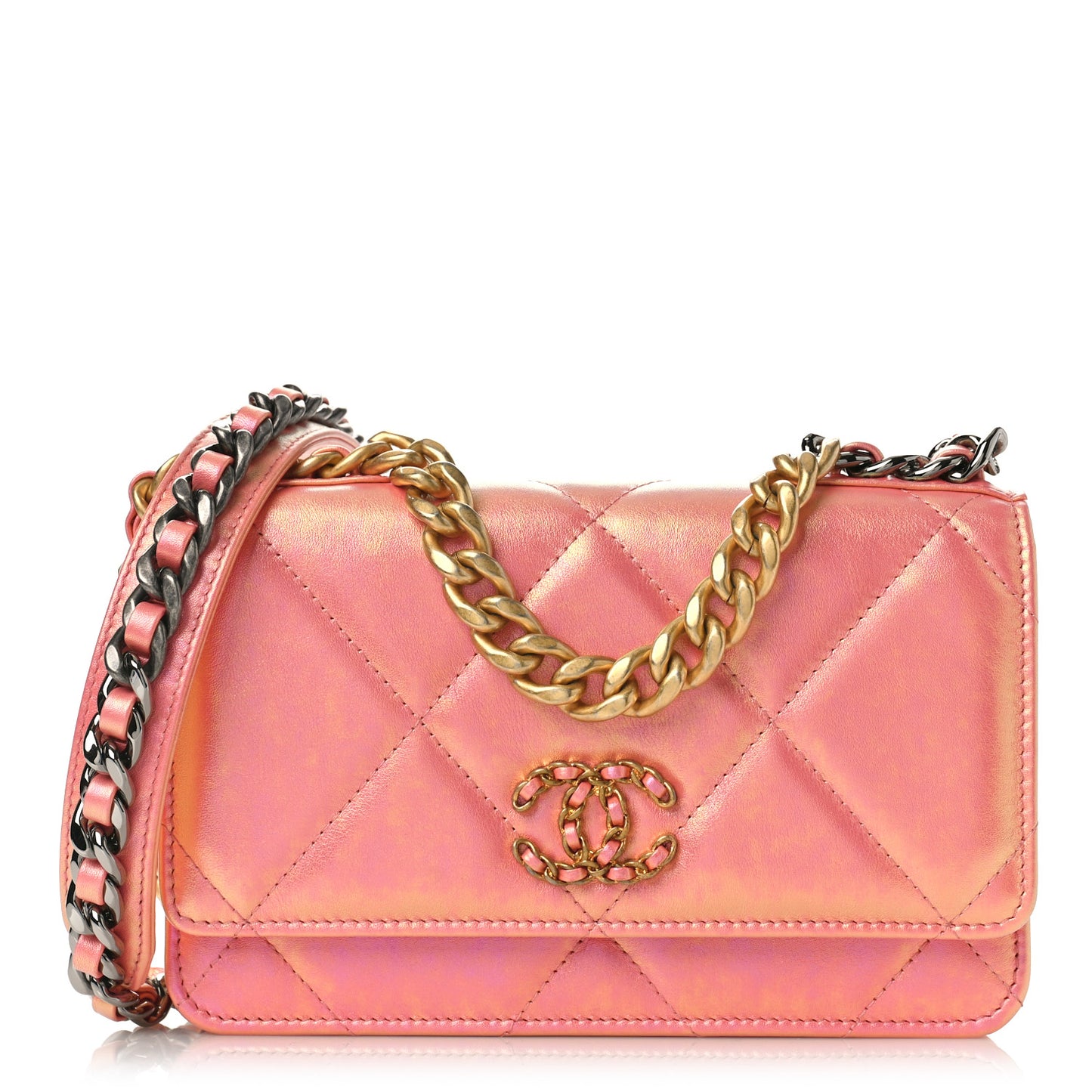Iridescent Calfskin Quilted Chanel 19 Wallet On Chain WOC Pink