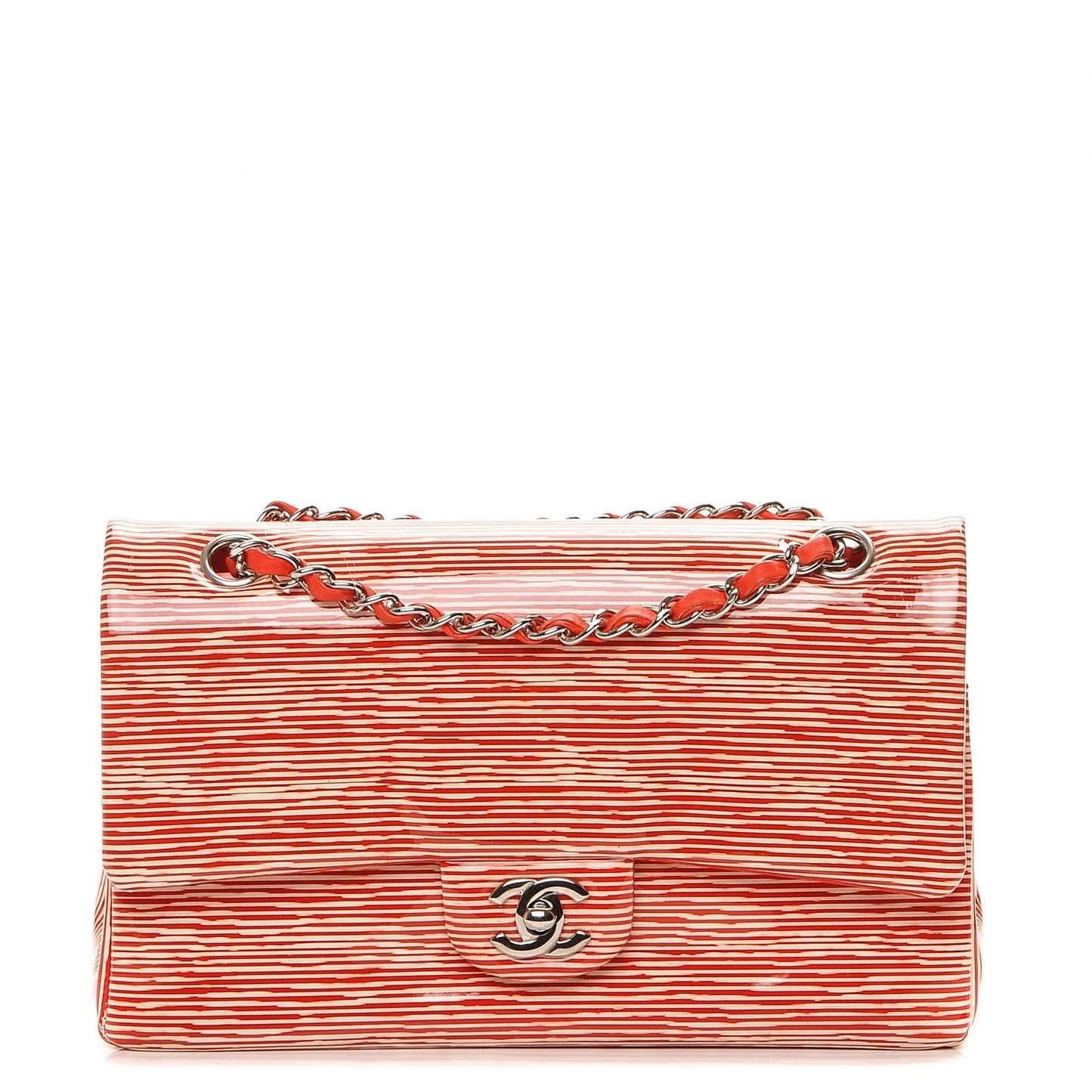 Patent Calfskin Striped Medium Double Flap Red