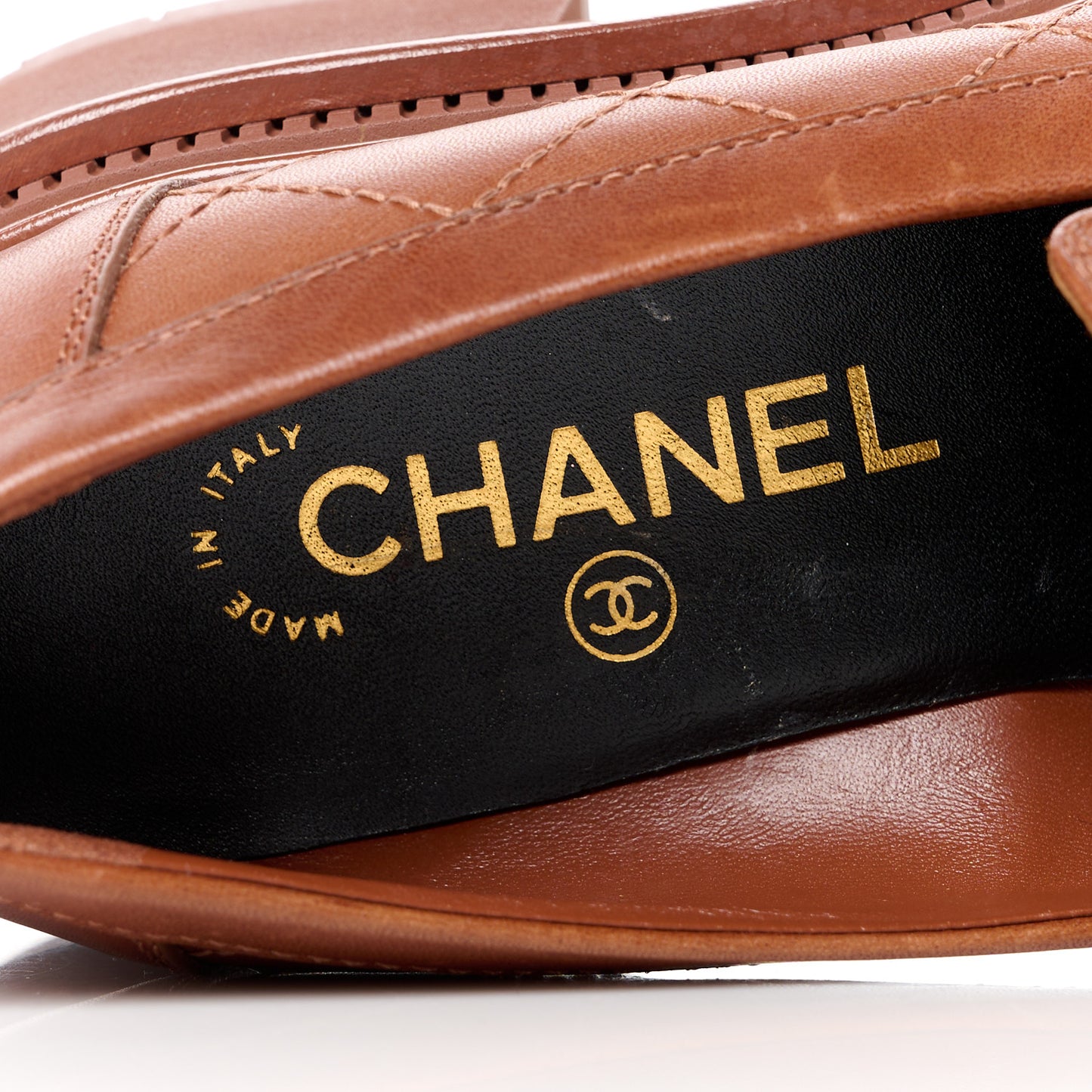 Calfskin Quilted CC Mocassin Loafers 36.5 Light Brown