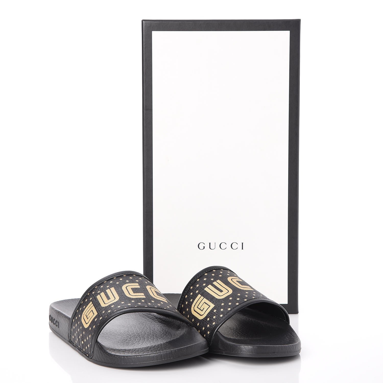 Gucci X SEGA Supreme Canvas GUCCY Stars Womens Slide Sandals 37 Black Gold 9 of 9