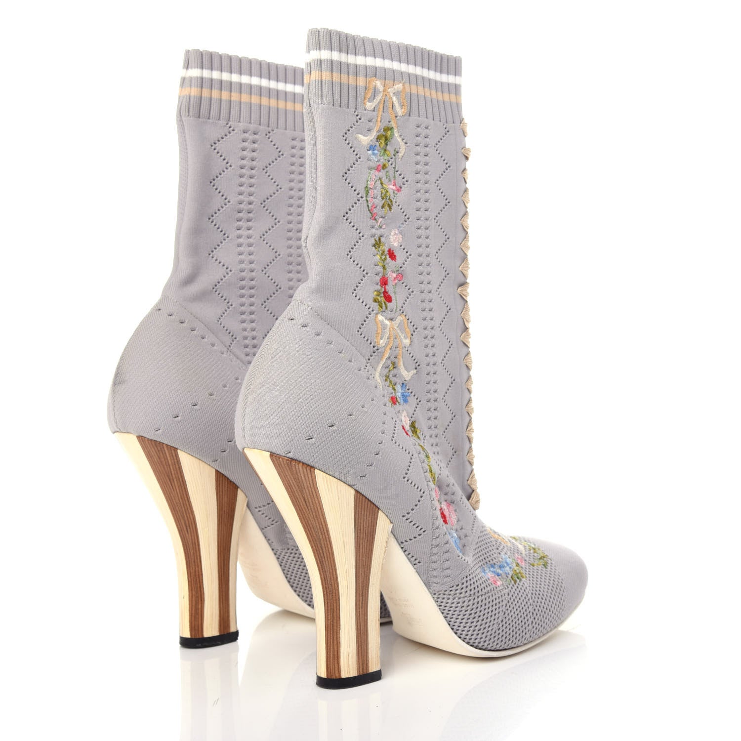 Fendi Stretch Fabric Floral Embroidered Openwork Rockoko 105mm Sock Boots 40 Gray 4 of 11