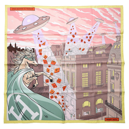 Hermes Silk Space Shopping Au Faubourg Scarf 90 Rose Taupe Jaune 1 of 9