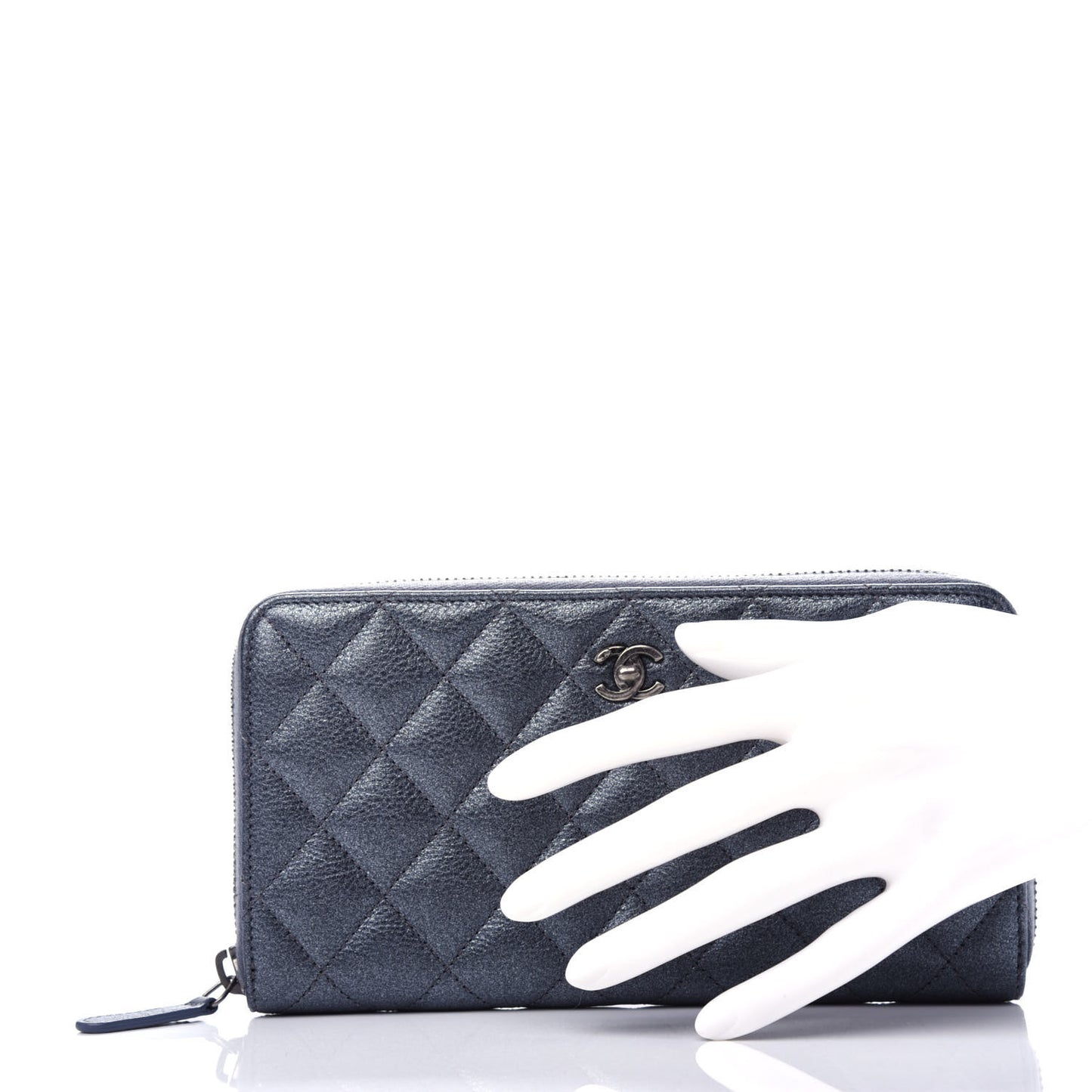 Metallic Calfskin Quilted Large Gusset Zip Around Wallet Charcoal