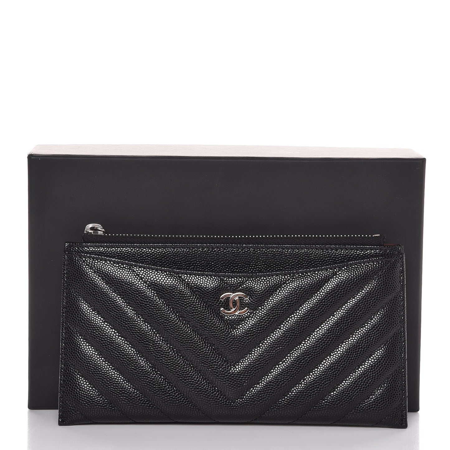 Caviar Chevron Quilted Zip Pouch Black