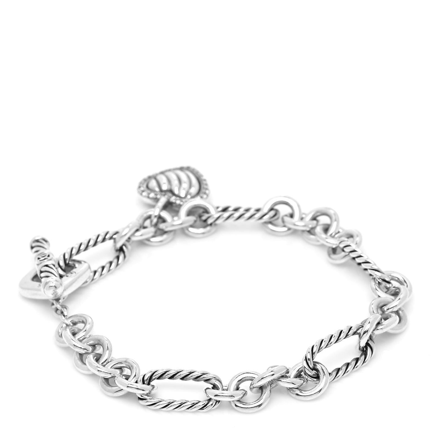 Sterling Silver Diamond Cable Heart Charm Bracelet