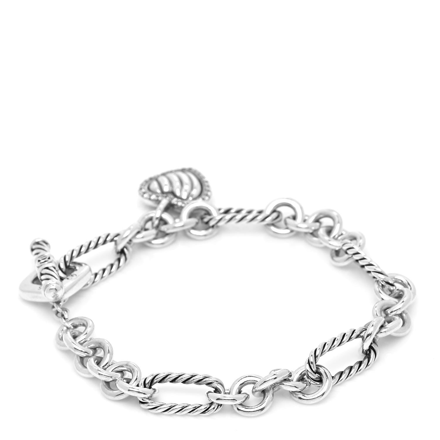 David Yurman Sterling Silver Diamond Cable Heart Charm Bracelet 3 of 5