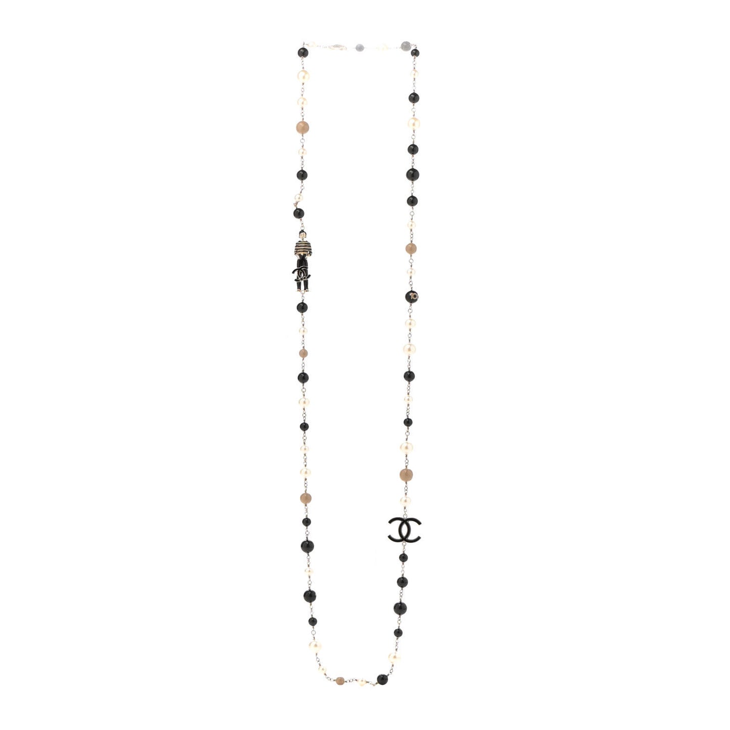 Pearl Beaded Enamel CC Coco Long Necklace Blanc Nacre Black Beige Gold