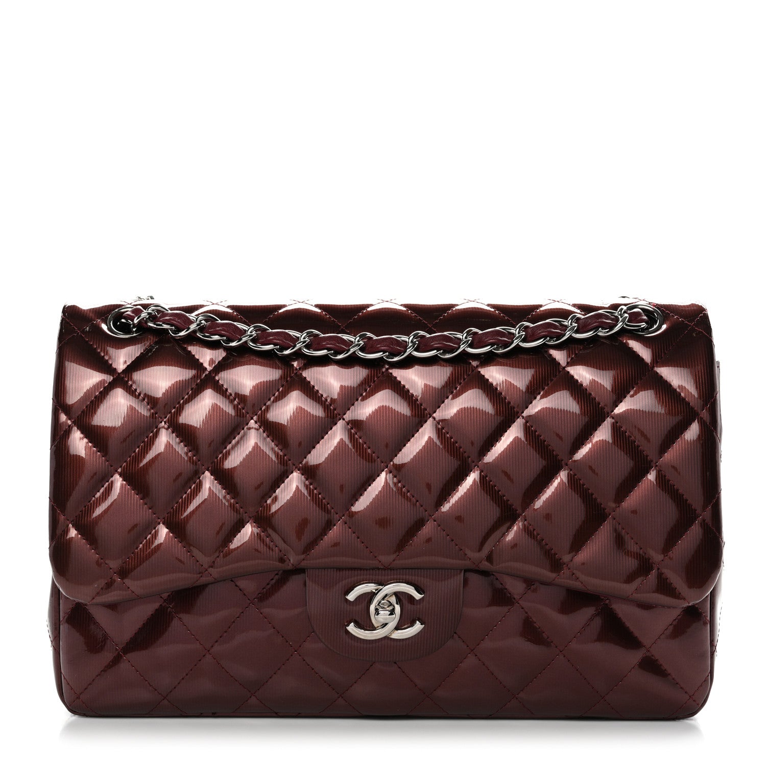Chanel Striated Patent Quilted Jumbo Double Flap Burgundy 1835898