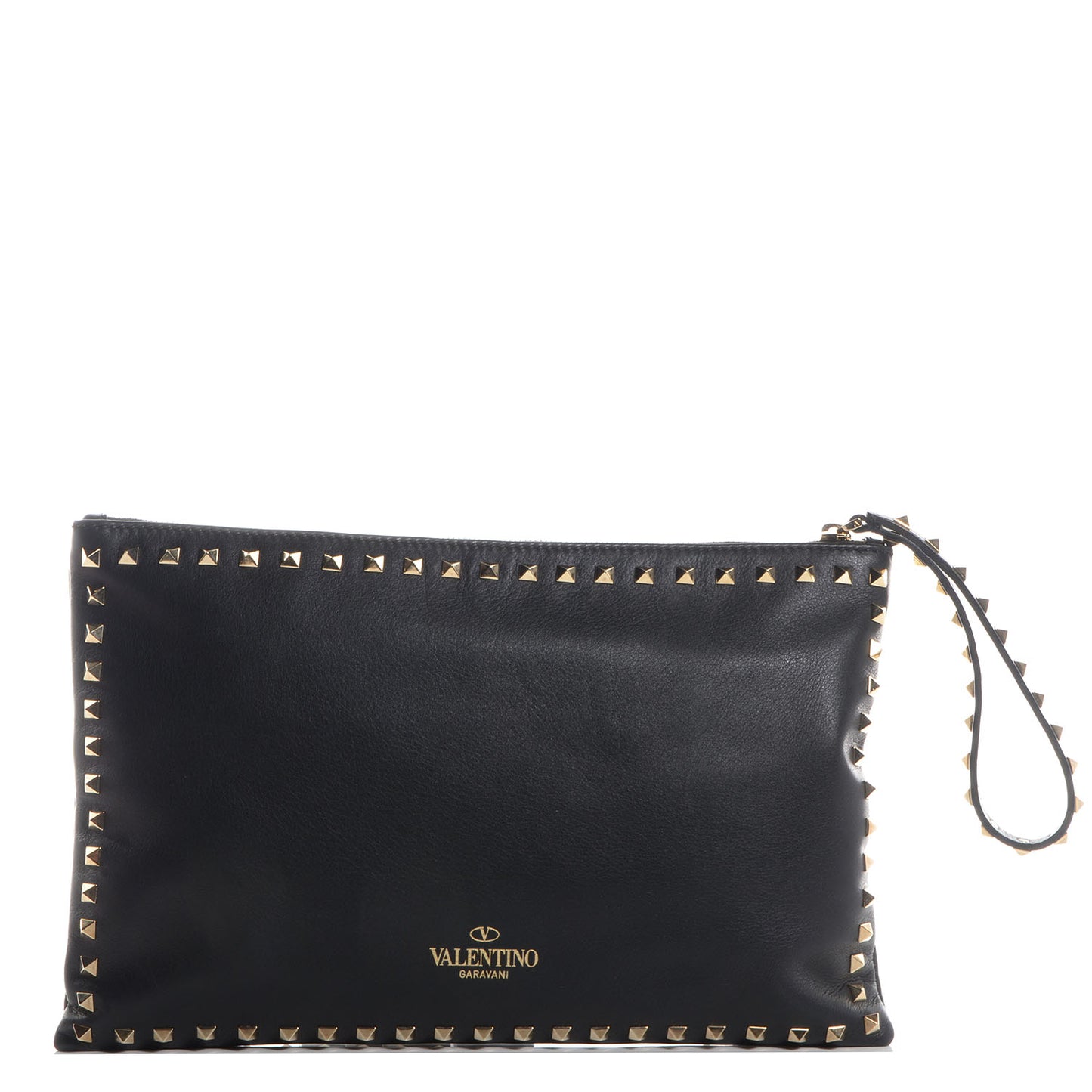 Vitello Large Rockstud Zip Wristlet Pouch Black