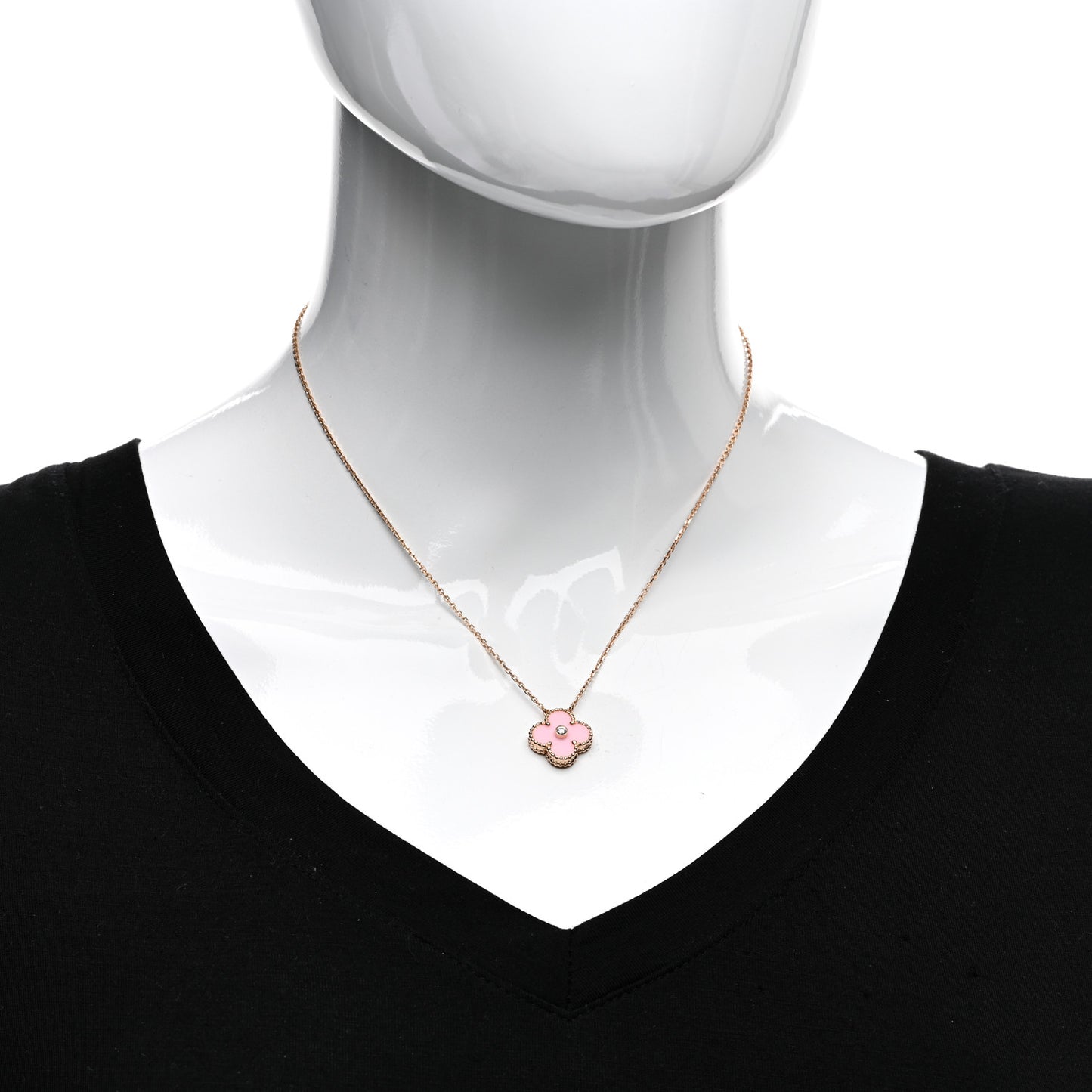18K Rose Gold Diamond Pink Porcelain Vintage Alhambra Pendant Necklace