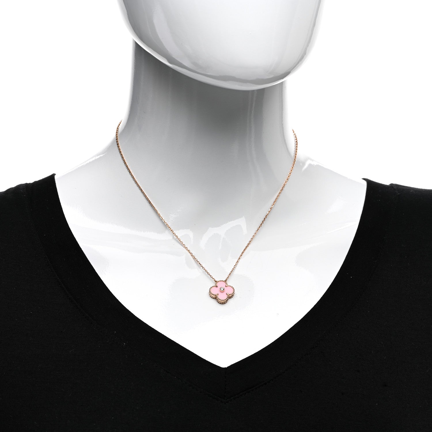 Van Cleef & Arpels 18K Rose Gold Diamond Pink Porcelain Vintage Alhambra Pendant Necklace 2 of 6