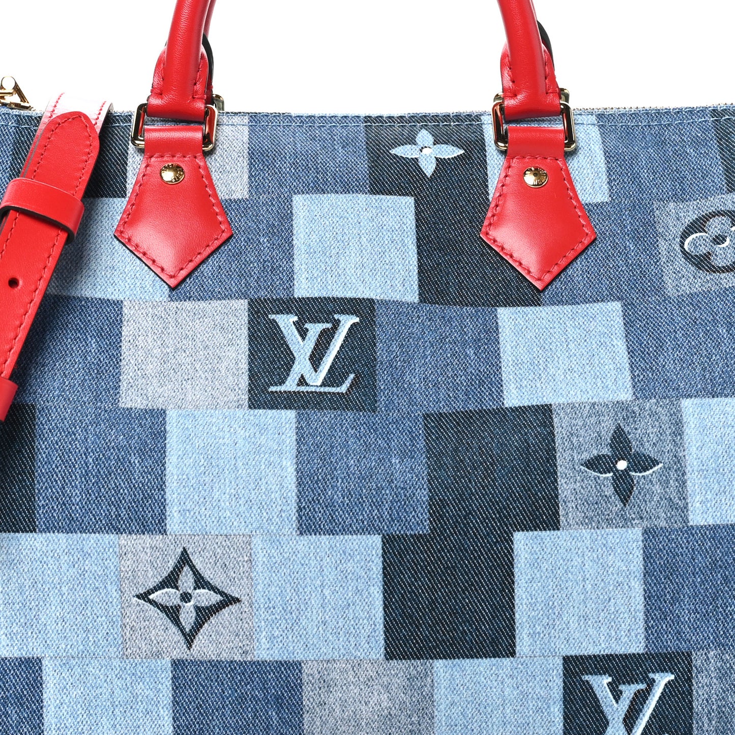 Denim Damier Monogram Patchwork Speedy Bandouliere 30 Blue Rouge