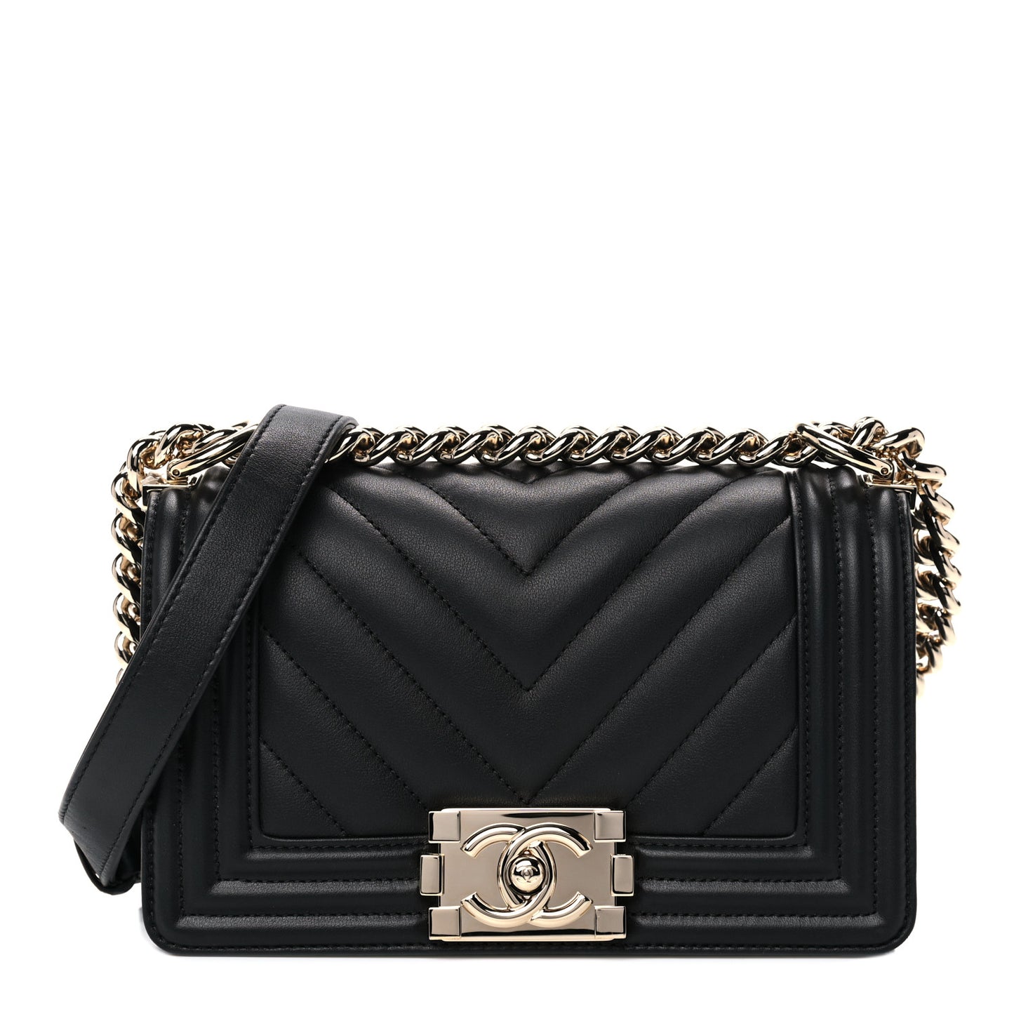 Lambskin Chevron Quilted Small Boy Flap Black