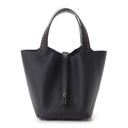 Hermes Epsom Tressage De Cuir Picotin Lock 22 MM Bleu Indigo Black Terre Battue 1 of 11