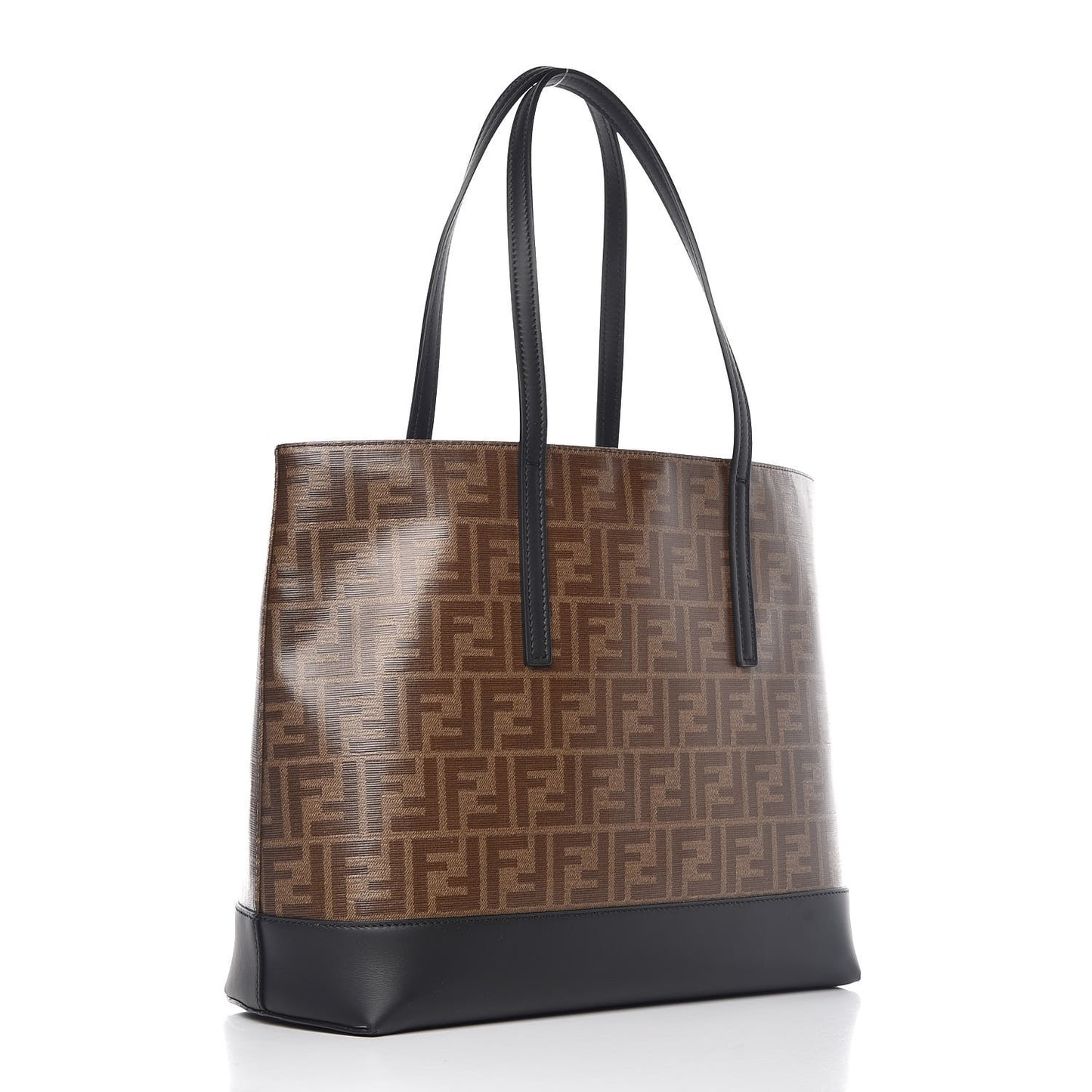 Glazed Fabric Vitello Century FF 1974 Stamp Patch Shopping Tote Mogano Panna Black