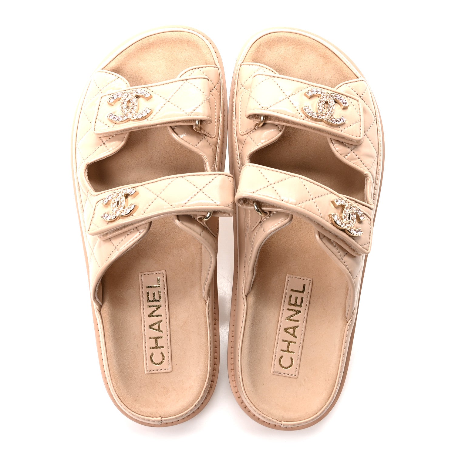 Chanel Shiny Calfskin Quilted Velcro Dad Crystal CC Slide Sandals 38 Beige 2 of 9
