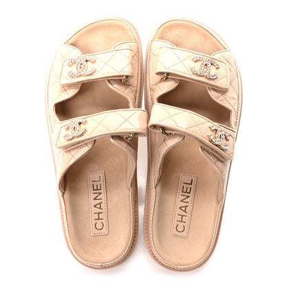 Chanel Shiny Calfskin Quilted Velcro Dad Crystal CC Slide Sandals 38 Beige 2 of 9