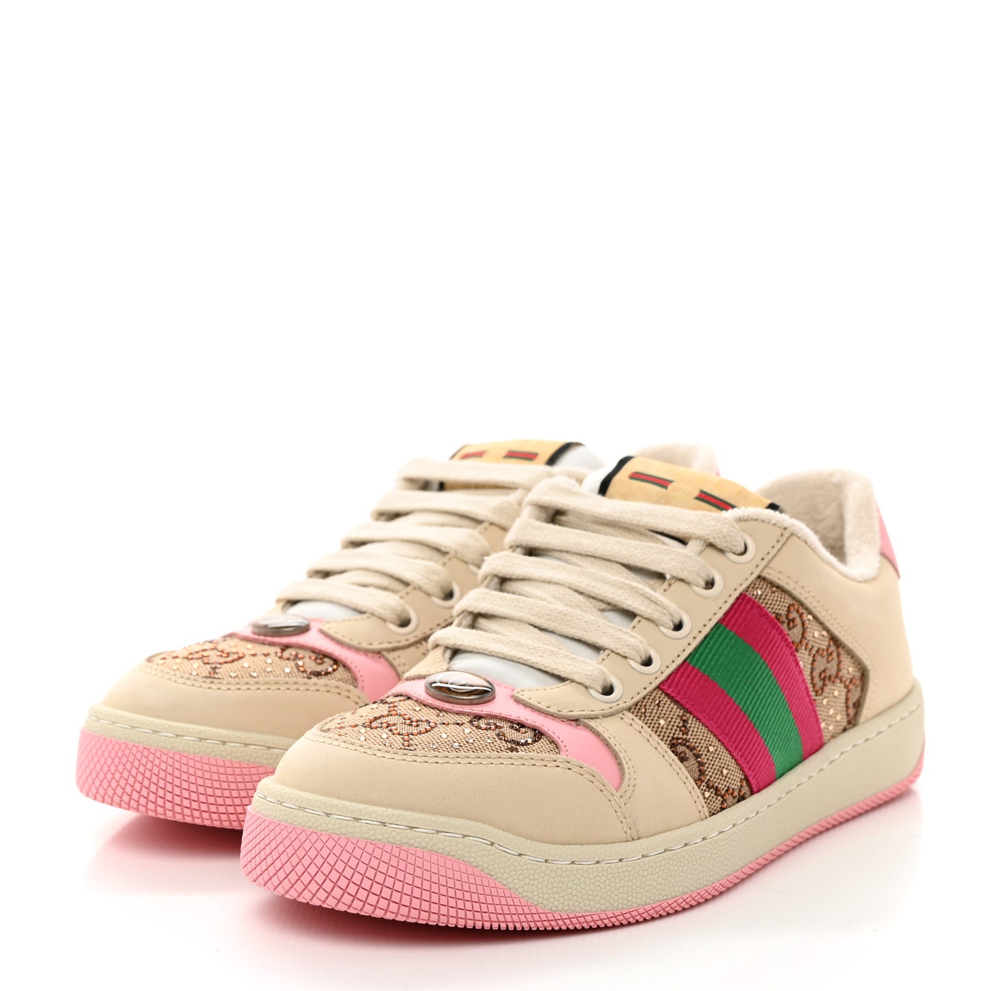 Calfskin GG Supreme Crystals Web Screener Sneakers 35 Beige Ebony Wild Rose