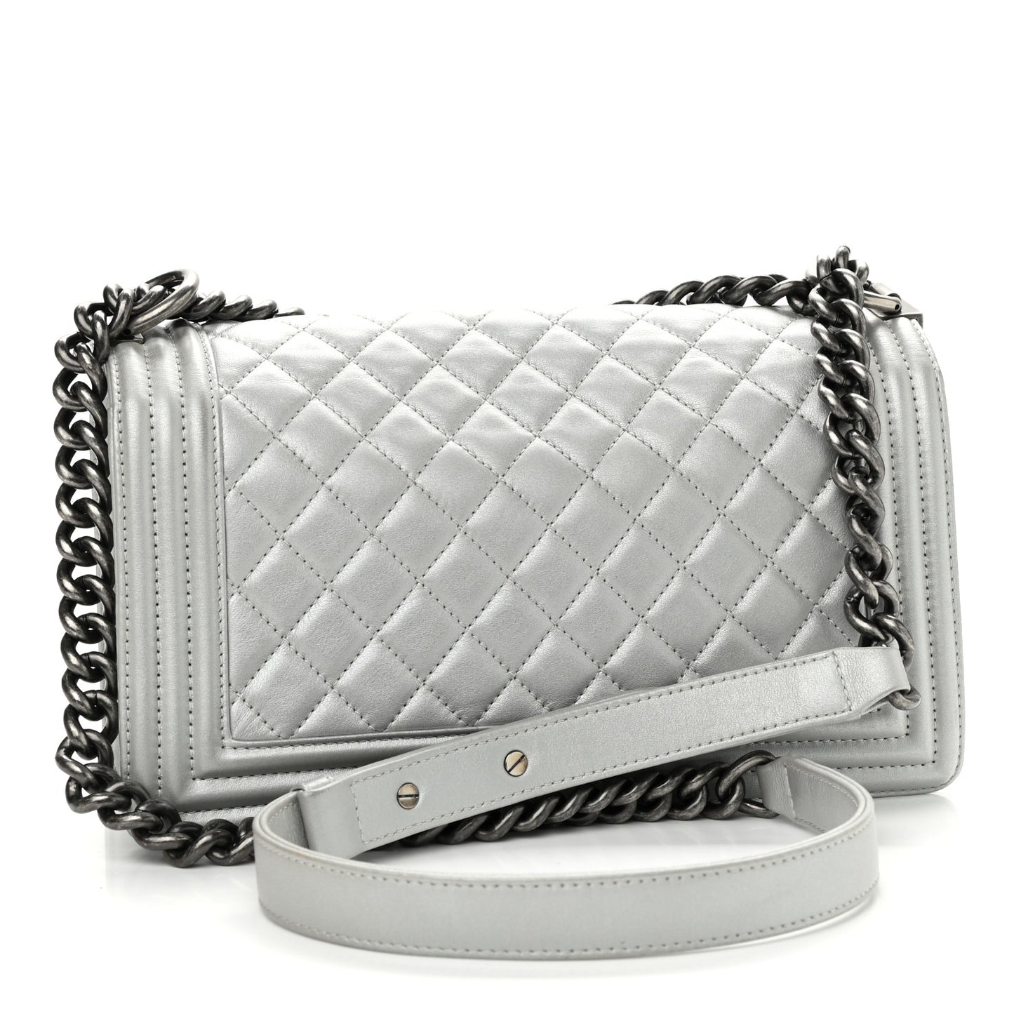 Metallic Calfskin Quilted Medium Boy Flap Silver