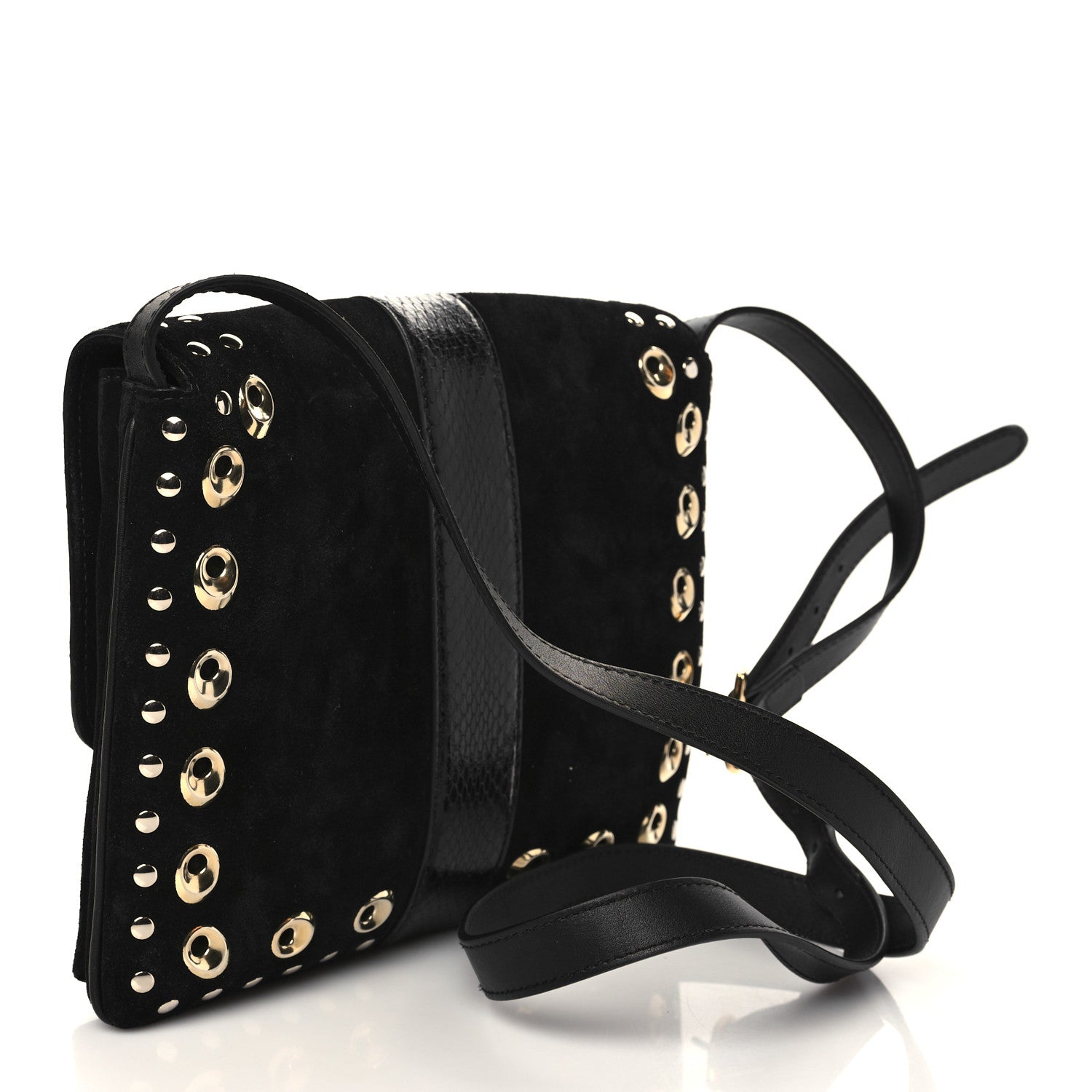 Gucci Suede Snakeskin Studded Medium Arli Flap Shoulder Bag Black 2 of 6