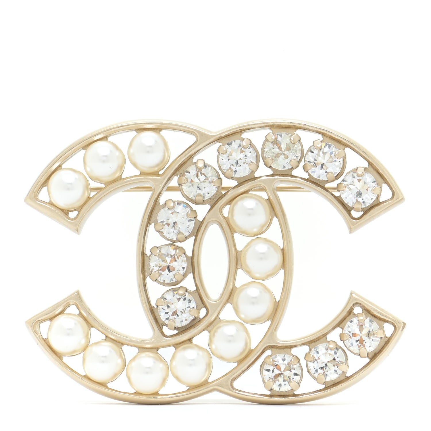 Chanel Pearl Crystal CC Brooch Gold Pearly White 1 of 5