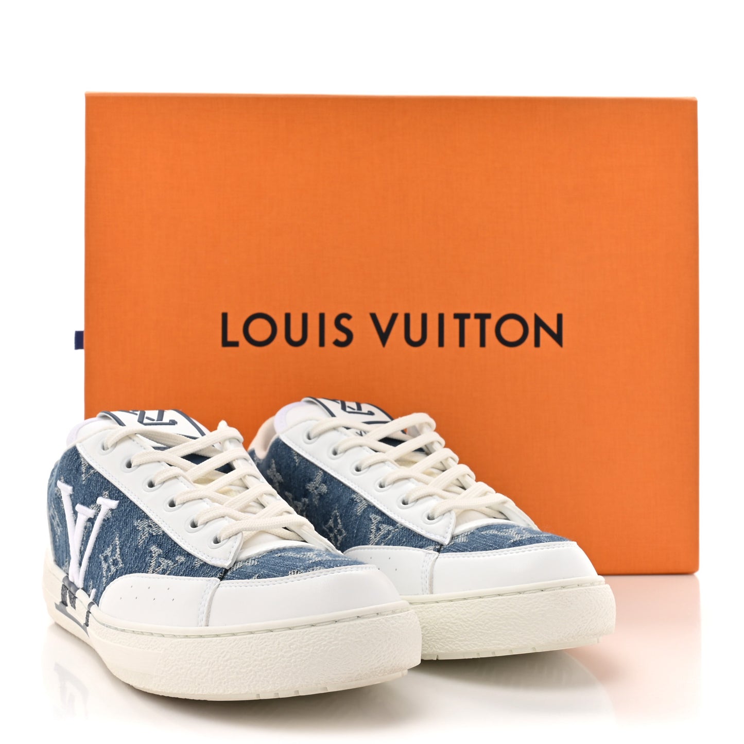 Calfskin Monogram Denim Womens Charlie Sneakers 39 White Blue