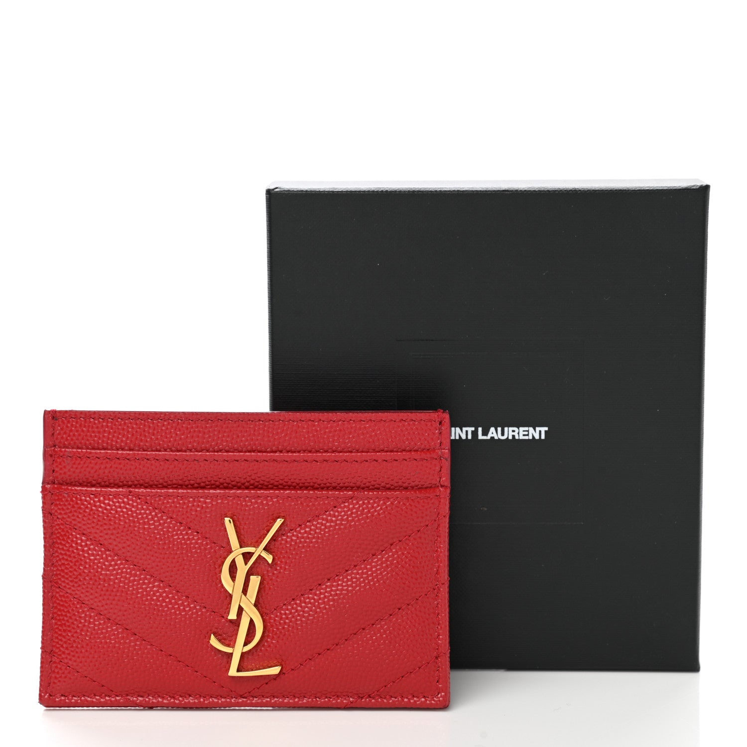 Saint Laurent Grain De Poudre Matelasse Chevron Monogram Credit Card Case Rouge Eros 10 of 10