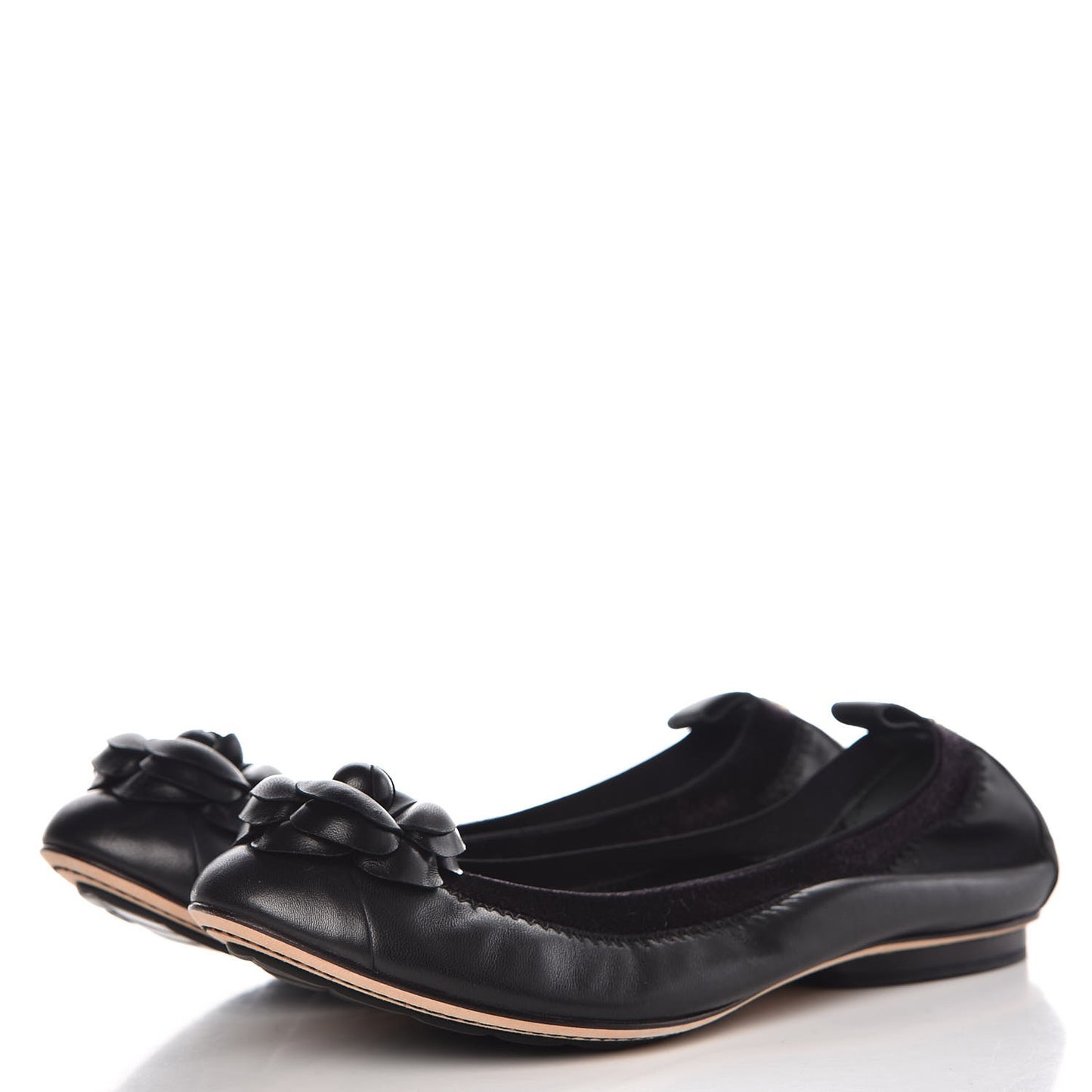 Lambskin Elastic Camellia Ballerina Flats 36.5 Black