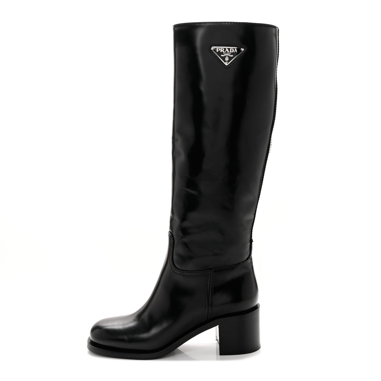 Prada Spazzolato Metal Triangle Logo 55mm Riding Boots 37 Black 1 of 16