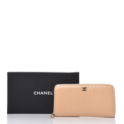 Chanel Patent Chevron Quilted Zip Around Wallet Beige 12 of 12