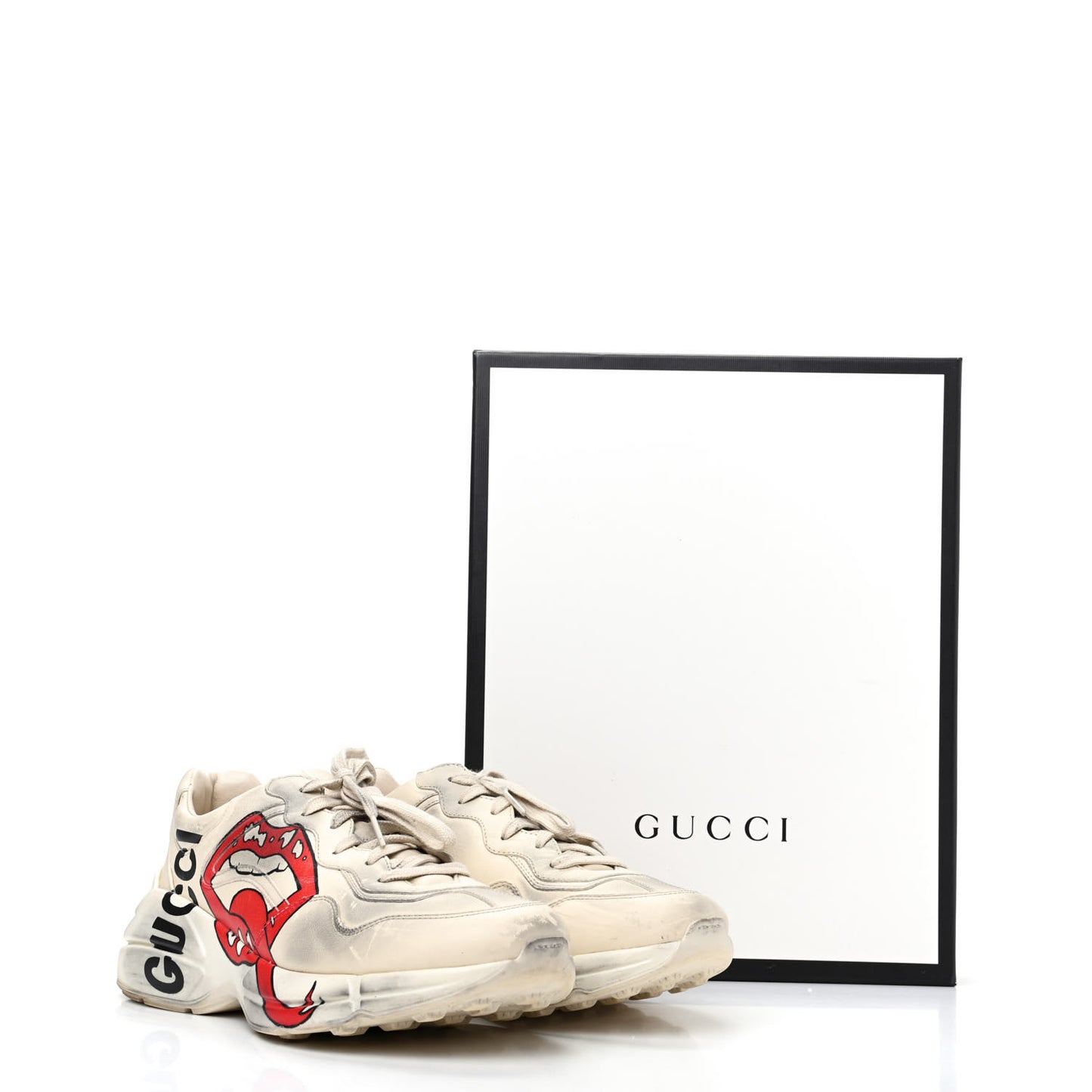 Calfskin Mouth Print Mens Rhyton Sneakers 8.5 Ivory