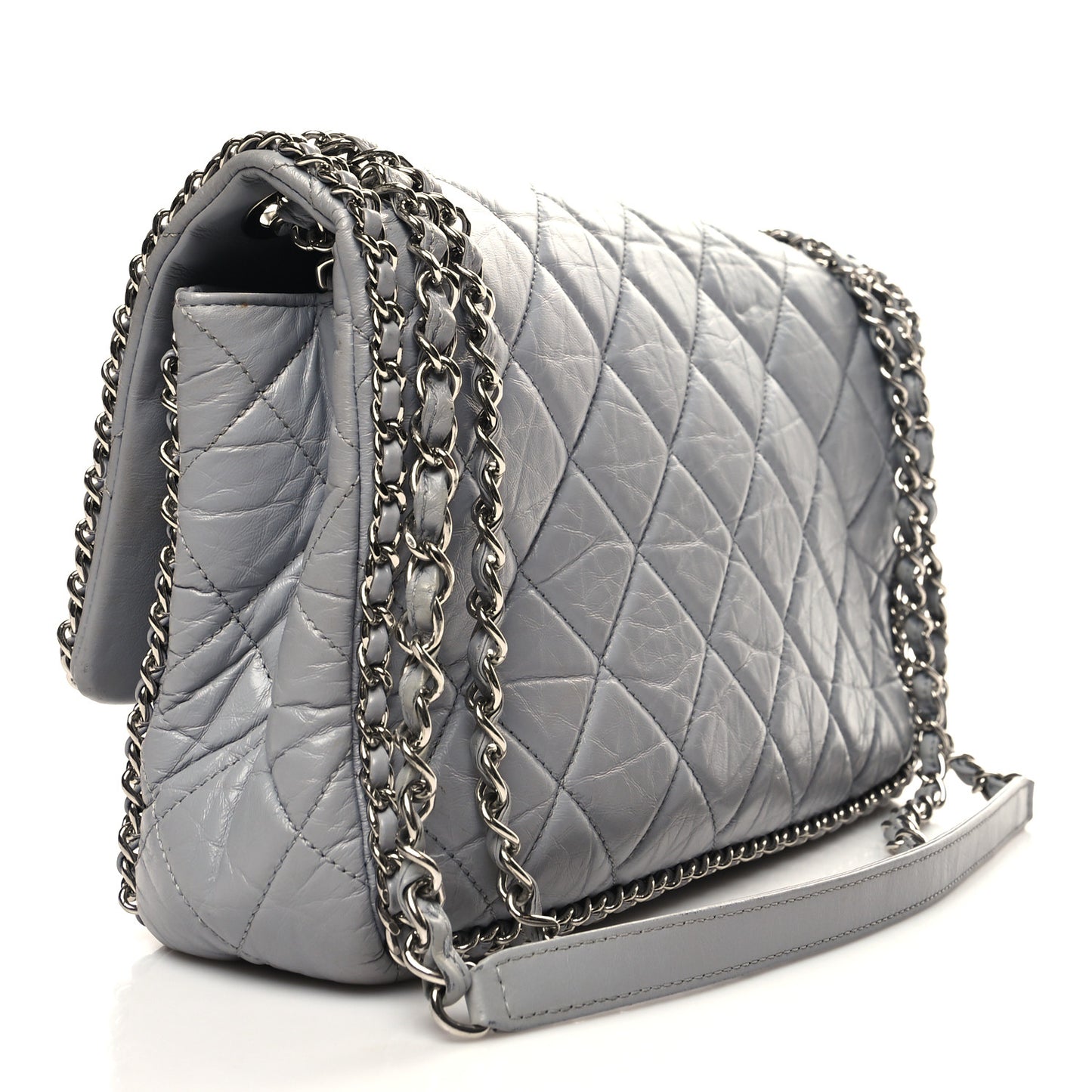Crumpled Calfskin Large Chain All Over Flap Grey