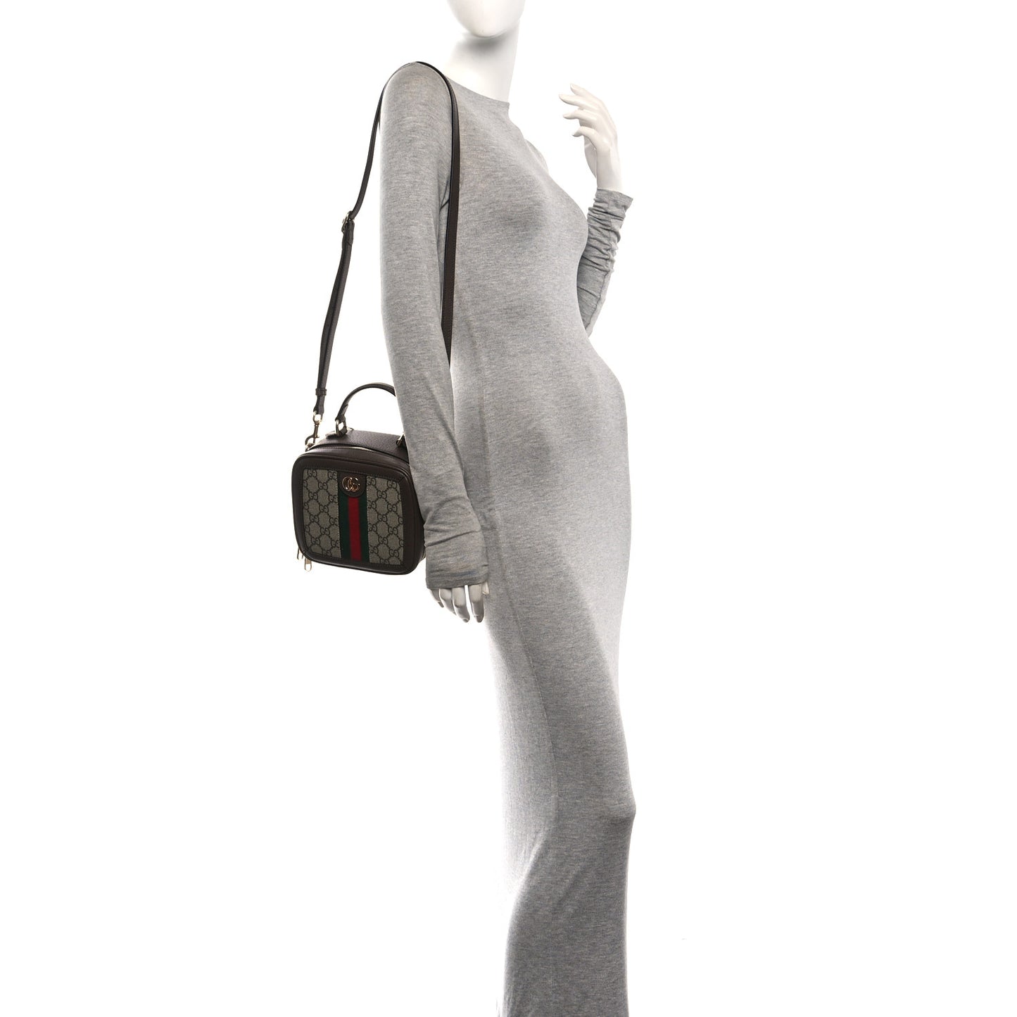 GG Supreme Monogram Textured Dollar Calfskin Mini Ophidia Top Handle Square Shoulder Bag Beige Ebony New Acero
