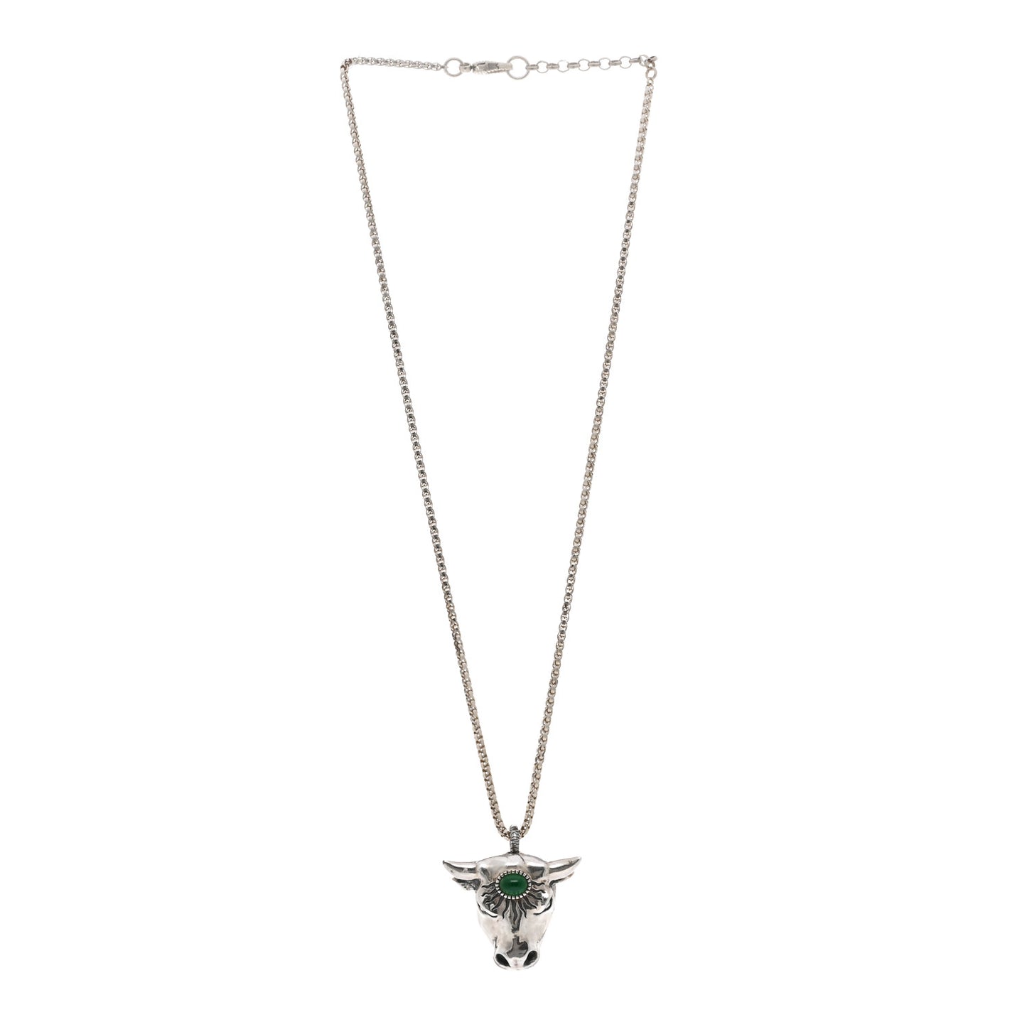 Sterling Silver Glass Anger Forest Bull Head Necklace Green