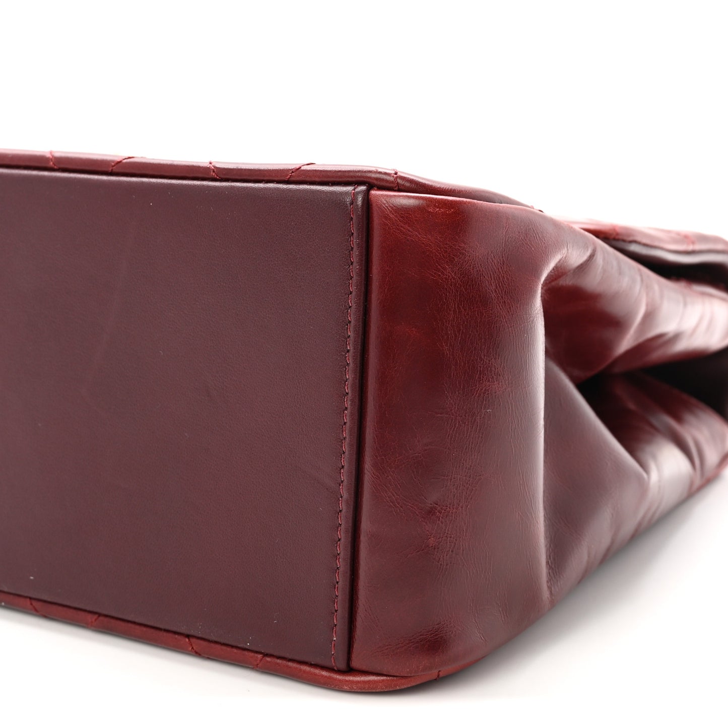 Glazed Calfskin Quilted Large Gold Bar Top Handle Flap Burgundy