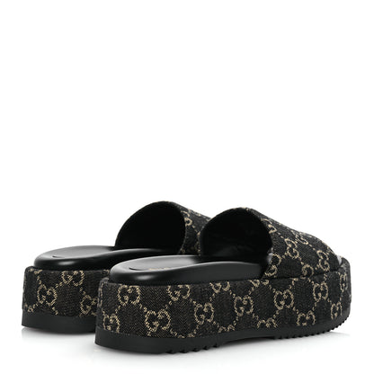 Gucci Jacquard Black Denim GG Monogram Angelina Platform 55mm Slide Sandals 35.5 Black Ivory 5 of 11