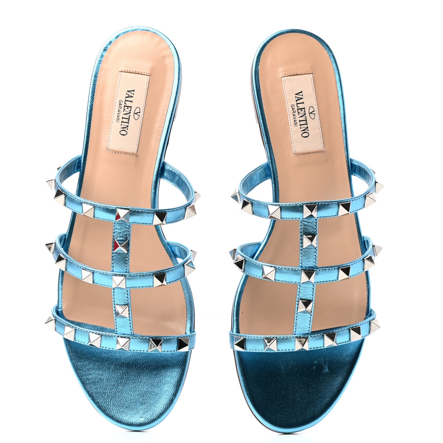 Metallic Nappa Rockstud Caged Flat Slide Sandals 36.5 Cerulean