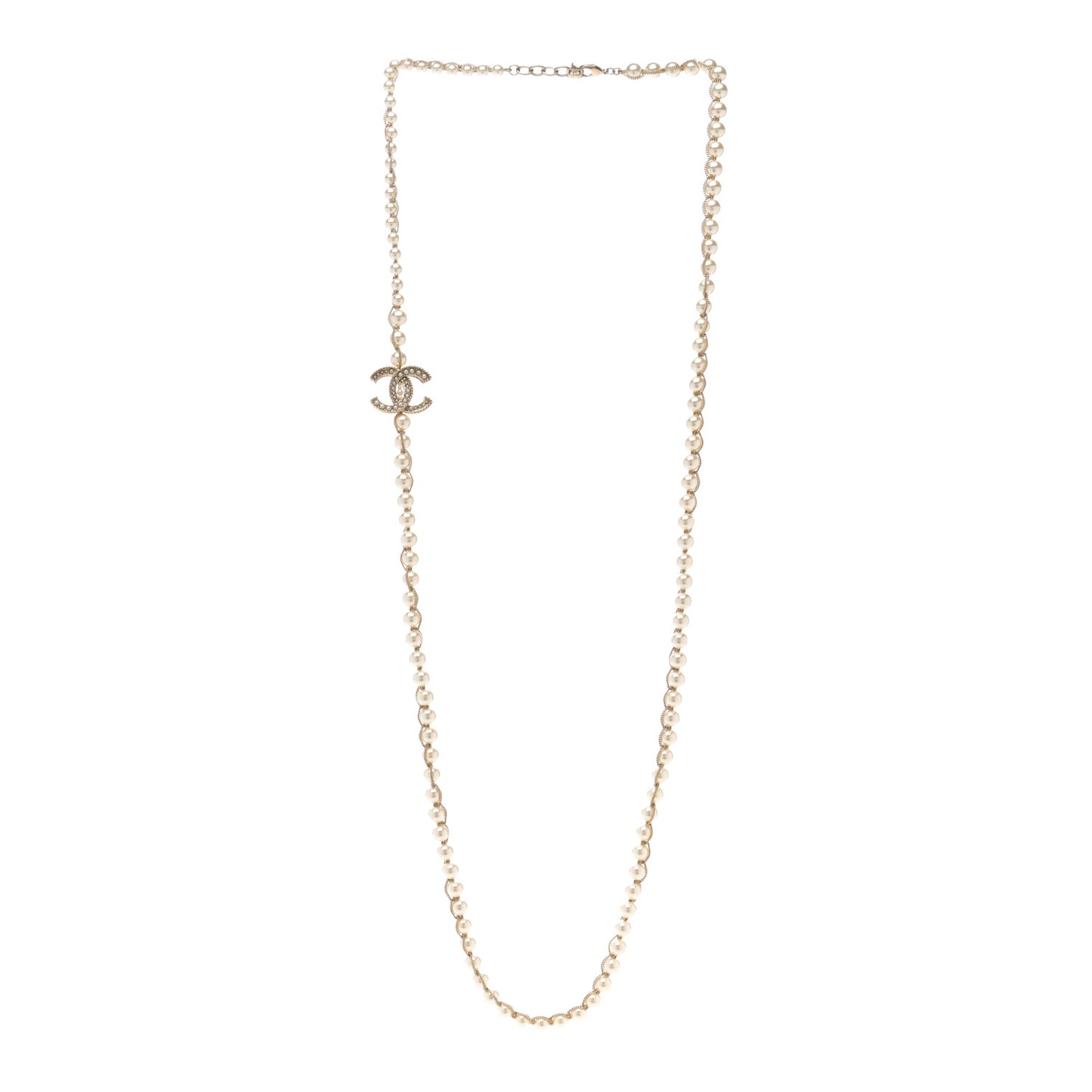 Pearl CC Chain Long Necklace Gold Pearly White