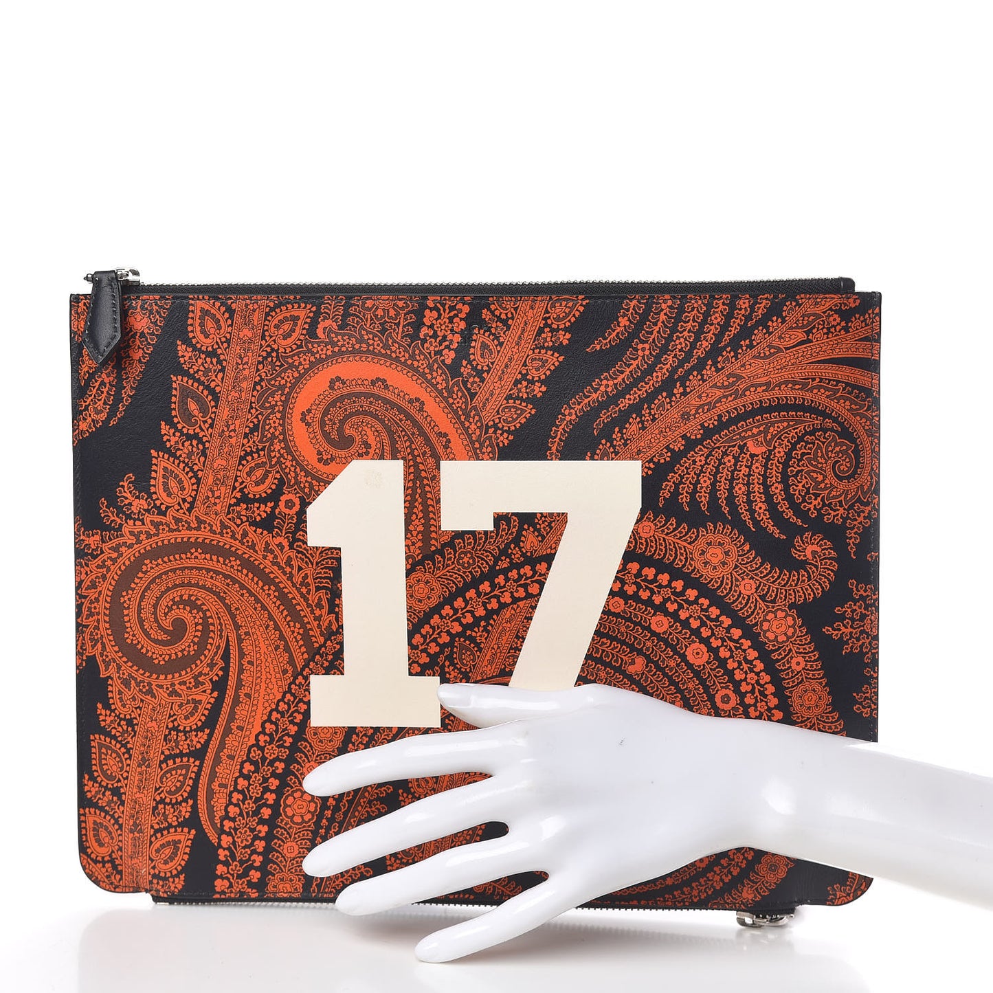 Calfskin Paisley Print Medium Clutch Orange Black
